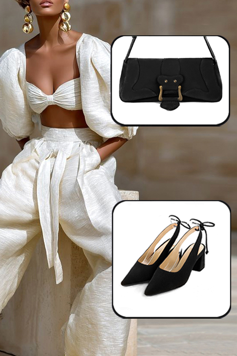 Dress slingback heels in matt black leather with medium flare heels and pointed toe - Worn view